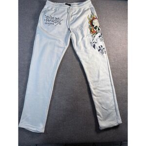 Ed Hardy Skull Flame Sweatpants Y2K Tattoo Graphic Joggers White Size M